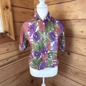 Vintage 100% Cotton Tropical Floral Button Up Shirt Size Small Lightweight Short